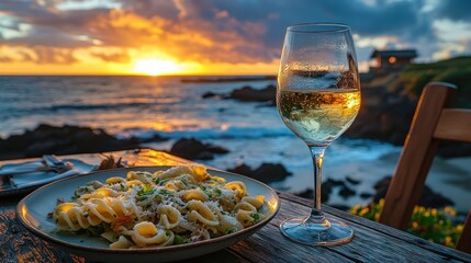 Coastal dining Pasta and wine at sunset