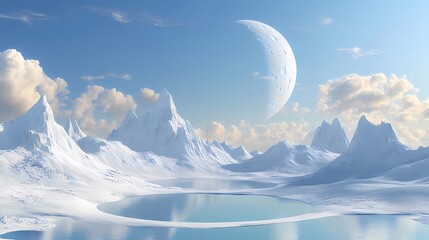 Wall Mural - Frozen lake, alien moon, snowy peaks, fantasy landscape