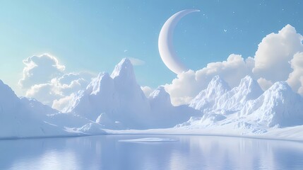 Wall Mural - Serene snowscape crescent moon, icy peaks, calm lake