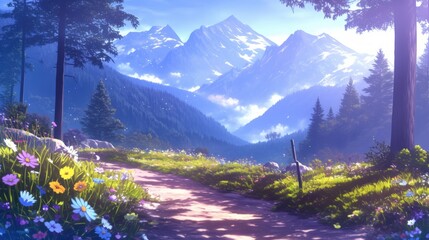 Poster - A serene landscape depicting a winding path lined with colorful flowers, leading into a majestic mountain range under a clear blue sky.