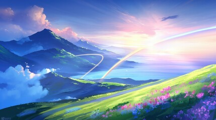 Poster - A stunning landscape features rolling hills, vibrant flowers, and majestic mountains under a colorful sky with a rainbow, evoking tranquility and natural beauty.