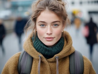 Young woman with blonde wavy hair and piercing blue eyes wearing warm mustard colored sweater and backpack standing outdoors in blurred city setting embodying adventure curiosity and street style