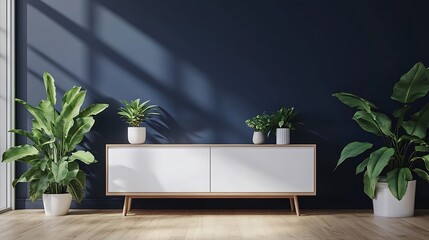 Wall Mural - Modern living room interior with plants, white cabinet, and dark blue wall.