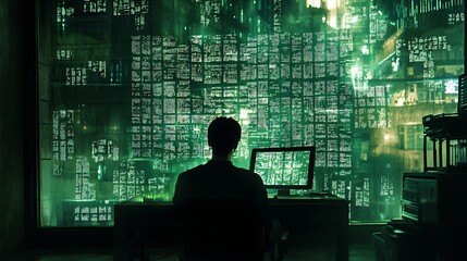 A Silhouetted Figure Working at a Computer with a Green Code Screen in the Background