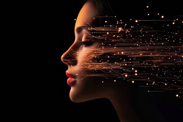 Leinwandbilder - Human face merging with glowing digital circuits creates a blend of technology and human emotion in a dark environment. Generative AI