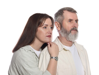 Wall Mural - Adult daughter and her father on white background