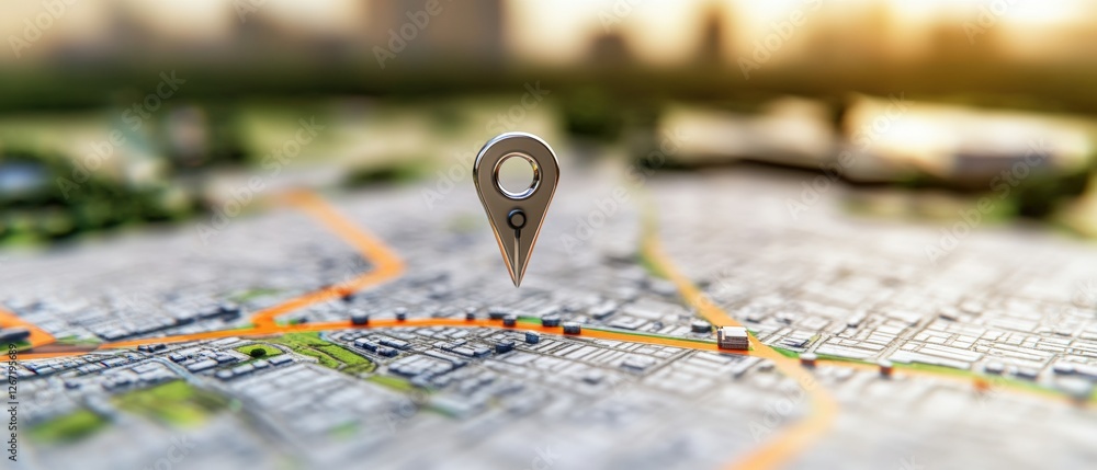 Map with a pin indicating location in city highlighted by gps ...