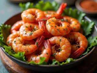 Bowl of delicious roasted prawns seasoned with herbs and spices ready to be eaten. AI generated photo realistic image