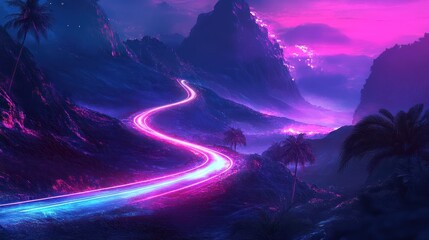 Canvas Print - Neon road winding through tropical mountains at dusk; vibrant digital art