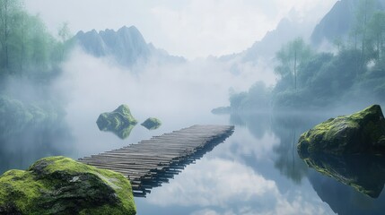 Canvas Print - Misty mountain lake, wooden dock, tranquil scene, serene nature, travel poster