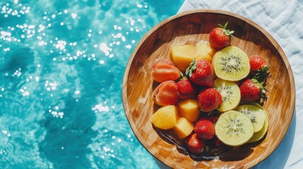 Wall Mural - Poolside fruit platter strawberries, kiwi, and mango. Summer refreshment