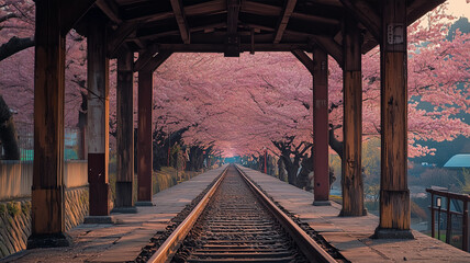 Poster - 改札口越しに眺める桜並木と続く線路の風景