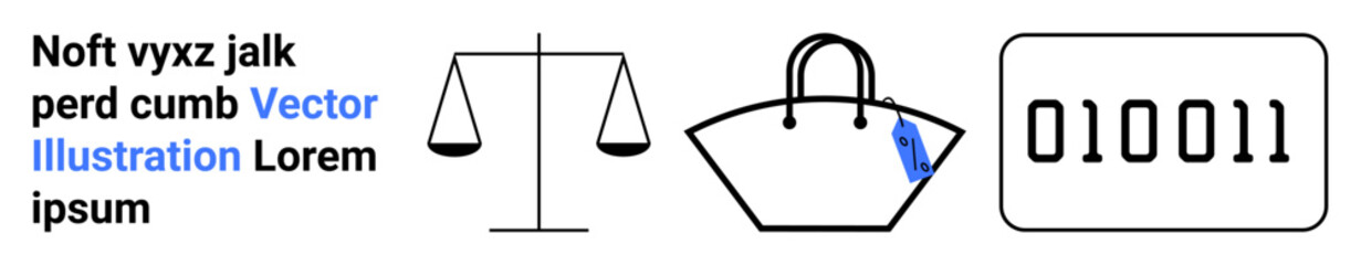 Wall Mural - Scales represent justice, a shopping bag suggests commerce, and binary code reflects technology or data. Ideal for law, e-commerce, digital transformation, cybersecurity, innovation, justice flat