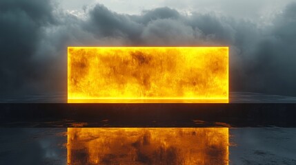 Wall Mural - Glowing rectangle with cloud backdrop sits on dark platform