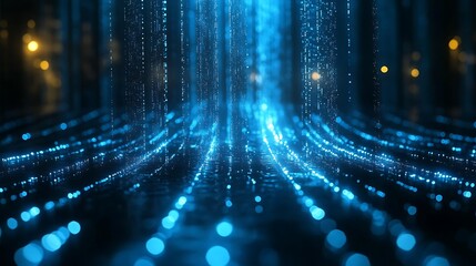 Abstract blue glowing digital waves of data and information flow on a black background, an AI technology concept. 