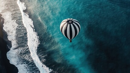 Canvas Print - Hot air balloon over ocean waves, aerial view, travel