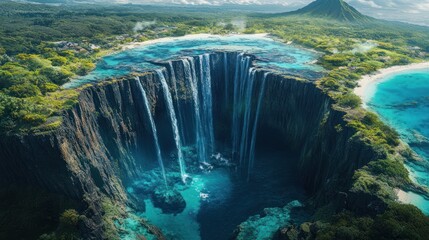 Canvas Print - Aerial view of tropical waterfall cascading into turquoise pool, beach & village background; travel, tourism