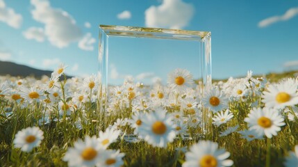 Clear rectangular frame stands in a vibrant daisy flower field