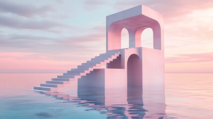 Wall Mural - Pink sunset, ocean stairs, minimal architecture, product display