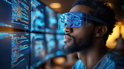 Developer using augmented reality glasses to analyze code on multiple screens in office