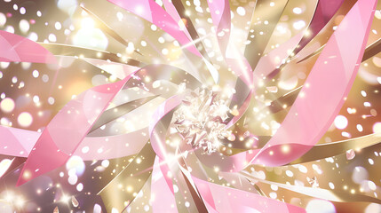 Abstract swirl of ribbons in pink and gold with sparkling crystals and luminous bokeh effects