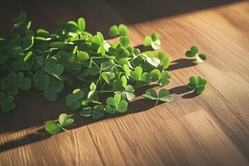 Canvas Print - Fresh green clover leaves scattered on a wooden surface, highlighting a vibrant, natural aesthetic and a sense of calm, perfect for wellness themes