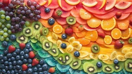 Wall Mural - Rainbow fruit slices background, healthy food, vibrant colors, flatlay, diet