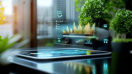 Wall Mural - a sleek tablet displays dynamic data visualizations against a backdrop of greenery and modern archit