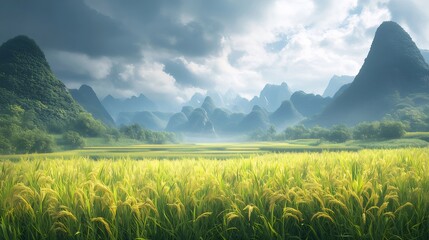 Wall Mural - Rice paddy field, karst mountains, Vietnam, sunrise