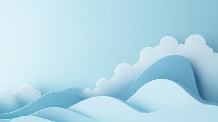 Poster - Soft blue waves and clouds create a serene landscape with gentle curves and calming hues in a minimalist setting. Generative AI