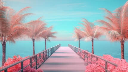 Canvas Print - Pink pier extending to turquoise ocean, pastel palm trees, peaceful beach scene; travel, vacation