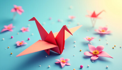 Wall Mural - Origami cranes on pastel blue background with pink flowers