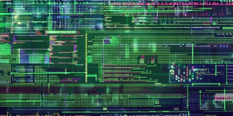 Digilat glitch. Digital code background with lines of software on terminal screen. The screen is a cathodic monitor 
