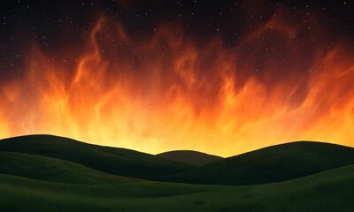 Wall Mural - rolling green hills under a dramatic, star-filled sky, illuminated by a glowing horizon of fiery clo