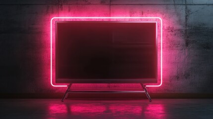 Wall Mural - Pink neon TV screen in dark room, concrete wall background.  Use tech, advertising