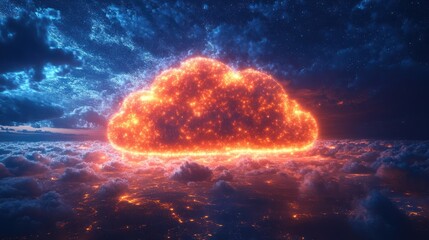 Wall Mural - fiery cloud computing network, digital landscape, night sky, data transfer, tech illustration