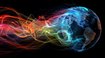 Wall Mural - a colorful, abstract digital rendering of the earth with glowing lines and swirls around it.