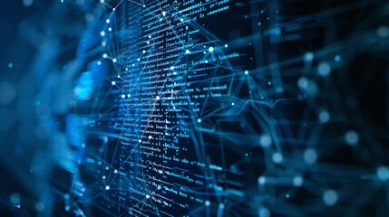 Close up shot of a computer screen displaying code and glowing lines.