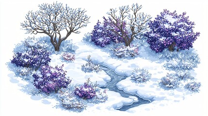 Sticker - Winter stream, snow-covered plants, landscape design