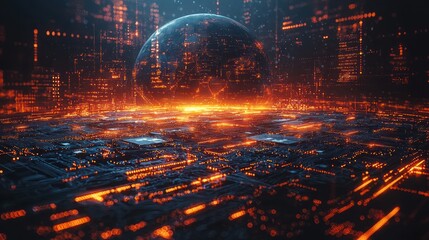 Wall Mural - futuristic city, glowing earth, digital landscape, technological background, sci-fi concept art