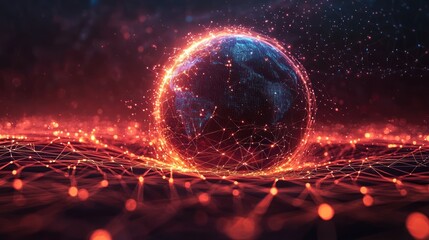 Wall Mural - global network connection, fiery digital landscape, futuristic technology concept, website banner
