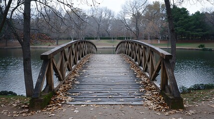 Poster - Wooden bridge over autumn lake in park. Peaceful scene, nature background