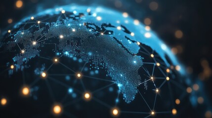 Wall Mural - global network connection, digital earth, glowing nodes, dark background, technology concept