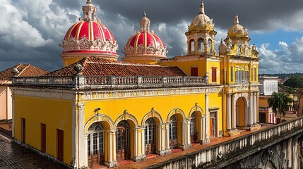 Wall Mural - Yellow colonial church, ornate domes, city view, storm clouds