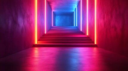 Canvas Print - Neon stairs, cyberpunk corridor, future, abstract background