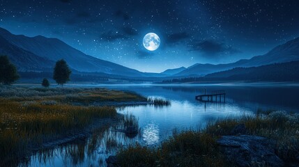  Serene moonlit lake, mountains, night, stars, calm, nature scene, peaceful landscape, travel,  wallpaper