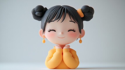 Wall Mural - Adorable 3D Render of a Joyful Girl with Buns