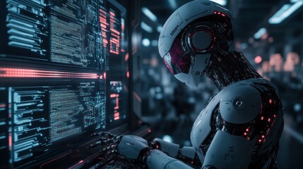 Wall Mural - robot coding at futuristic server, background blurred