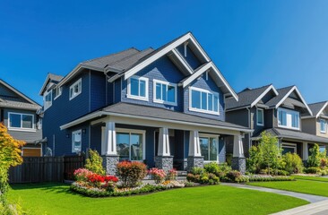 Wall Mural - A modern, three-story suburban home with blue and gray exterior colors, featuring white trim on the windows and doors