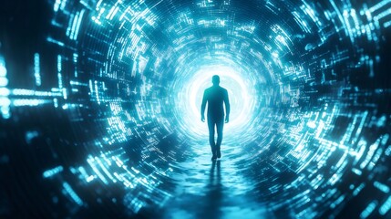 Canvas Print - Man walks digital tunnel, bright future, data background, tech concept